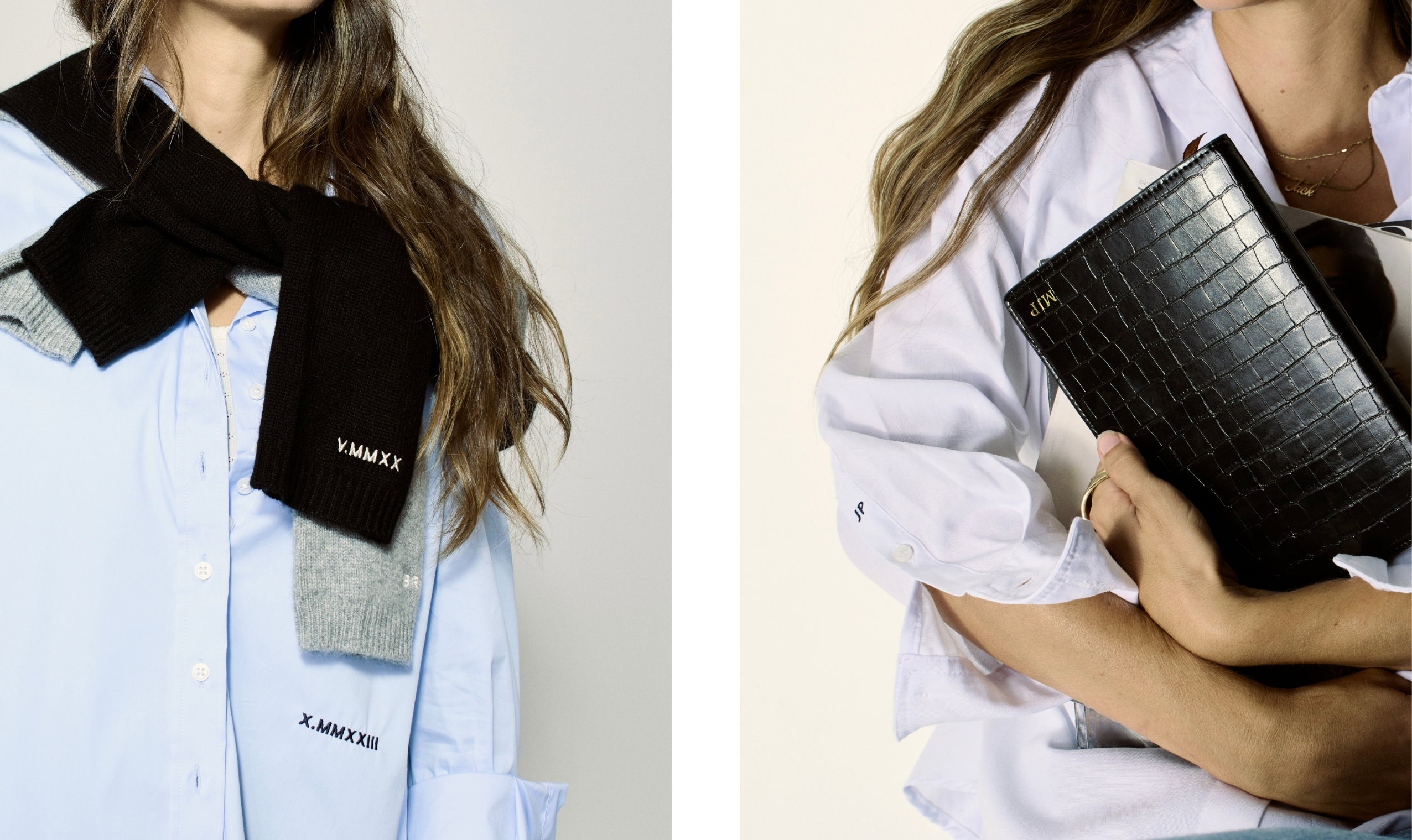 Embossed Leather Diary and Monogrammed Cashmere Sweaters and White Button-Down Shirt
