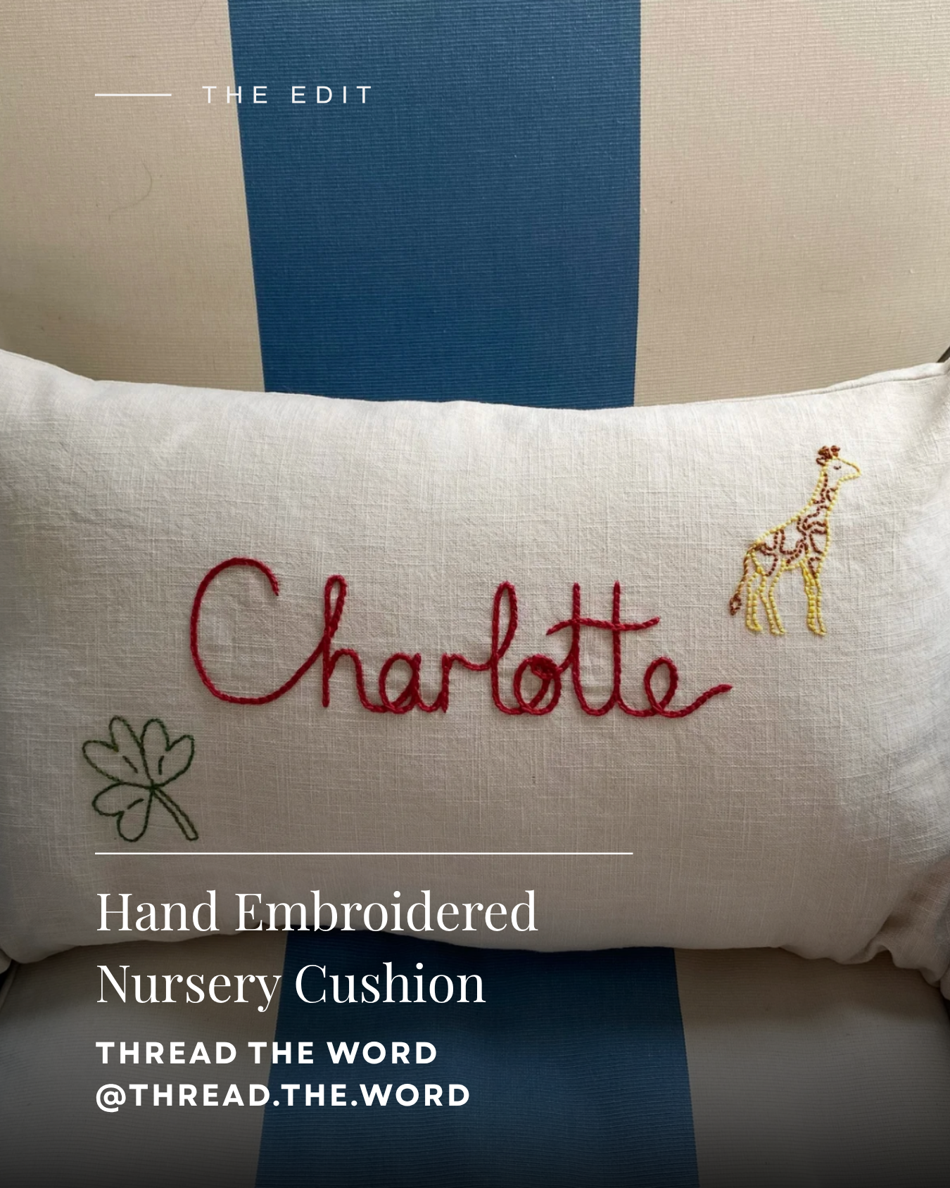 Bespoke Hand Embroidered Nursery Cushion by Thread the Word