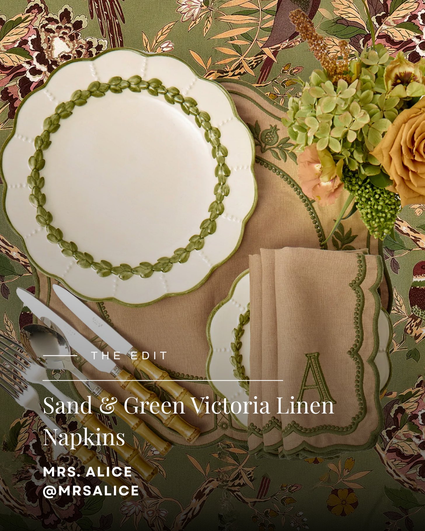Mrs. Alice Sand and Green Victoria Linen Napkins and Tablescape
